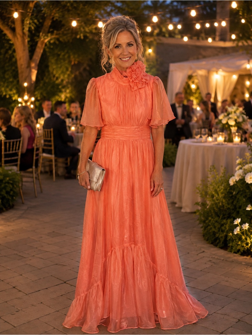Mac Duggal Coral Chiffon Dress With Floral Accent at Neck
